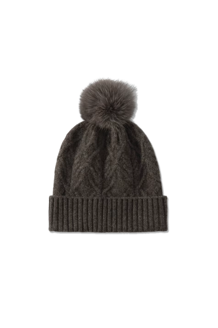 Women's Cable Knit Beanie with Faux Fur Pom Pom