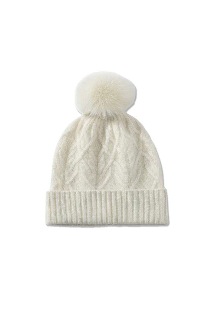 Women's Cable Knit Beanie with Faux Fur Pom Pom