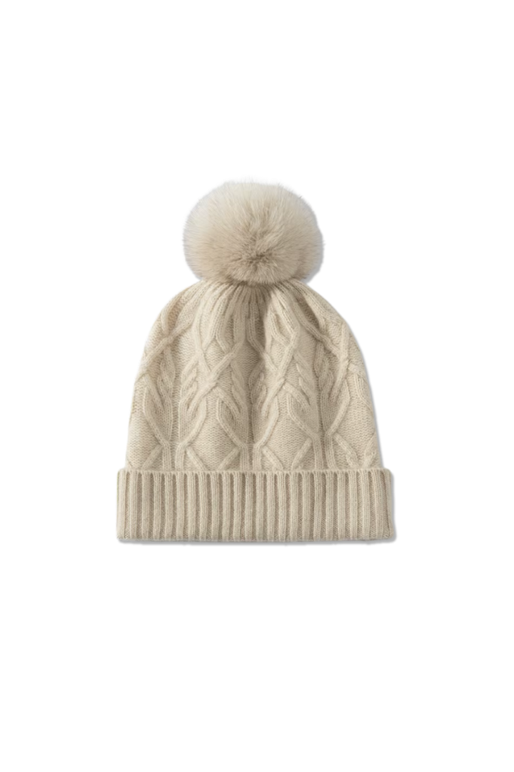 Women's Cable Knit Beanie with Faux Fur Pom Pom