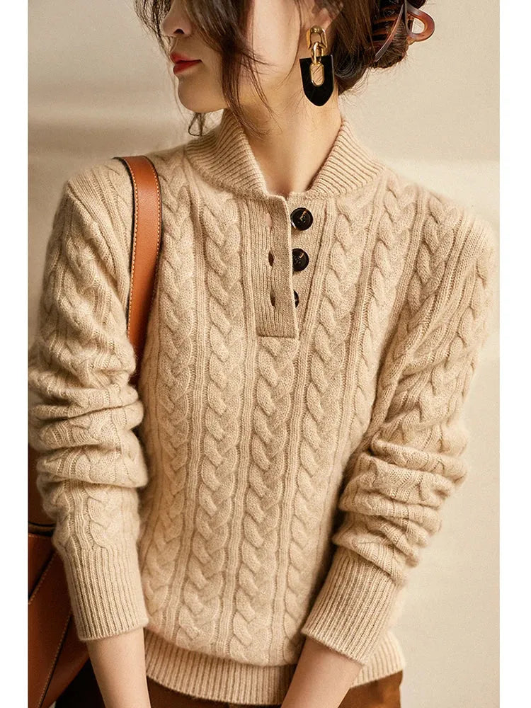 Women's Cable Knit Button-Collar Jumper