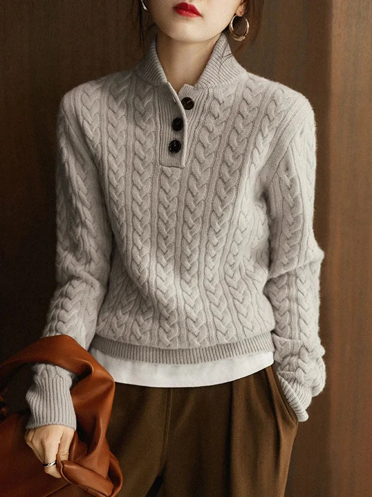 Women's Cable Knit Button-Collar Jumper