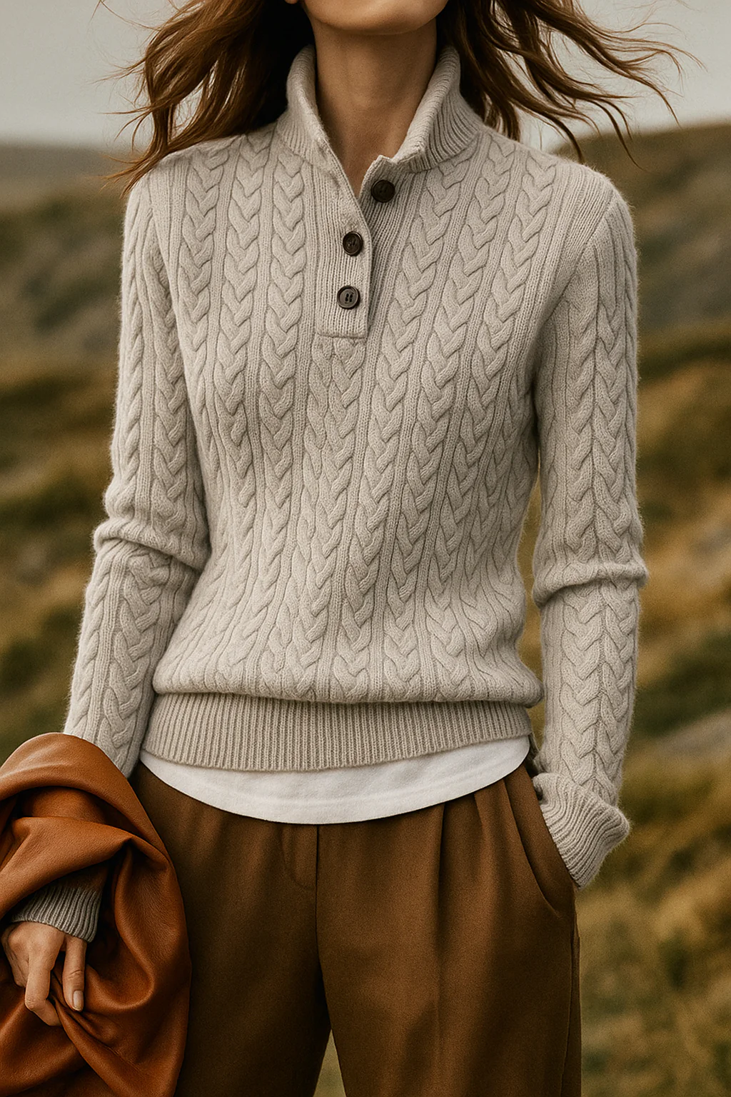 Women's Cable Knit Button-Collar Jumper