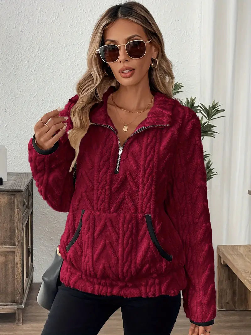 Women's Cable Texture Fleece Quarter-Zip Pullover with Pocket