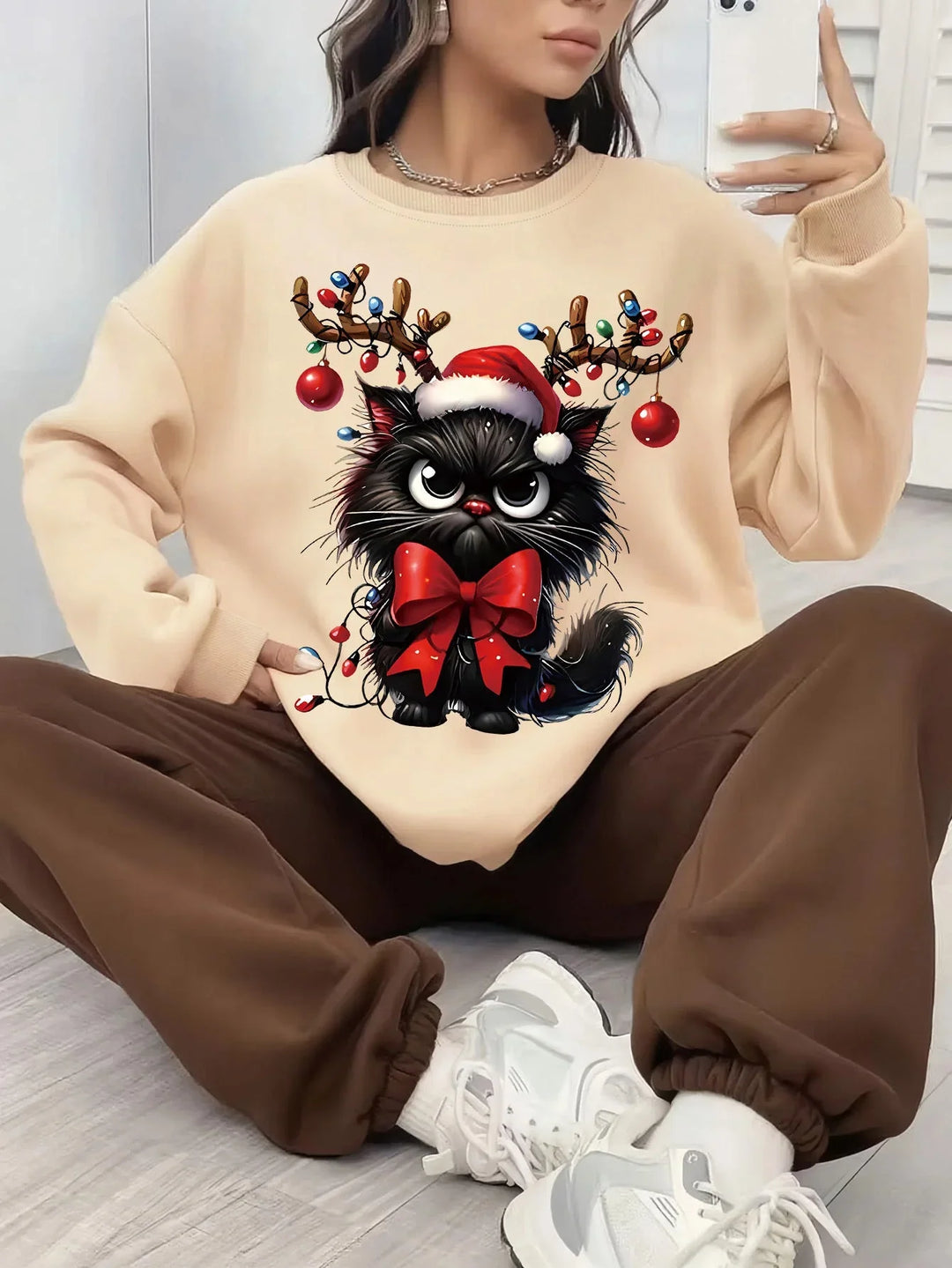 Women's Christmas Jumper Cat Reindeer Antlers Oversized
