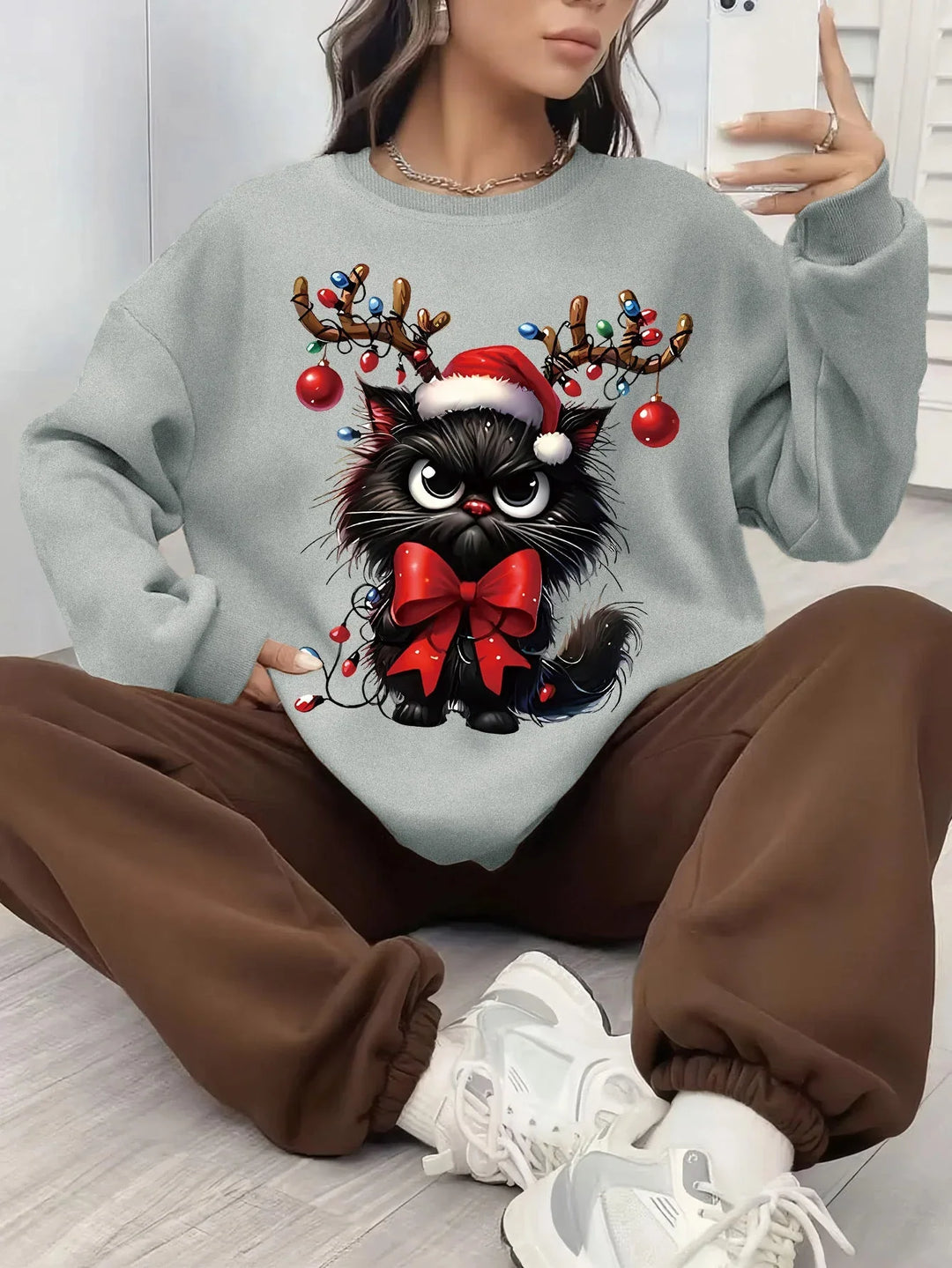 Women's Christmas Jumper Cat Reindeer Antlers Oversized