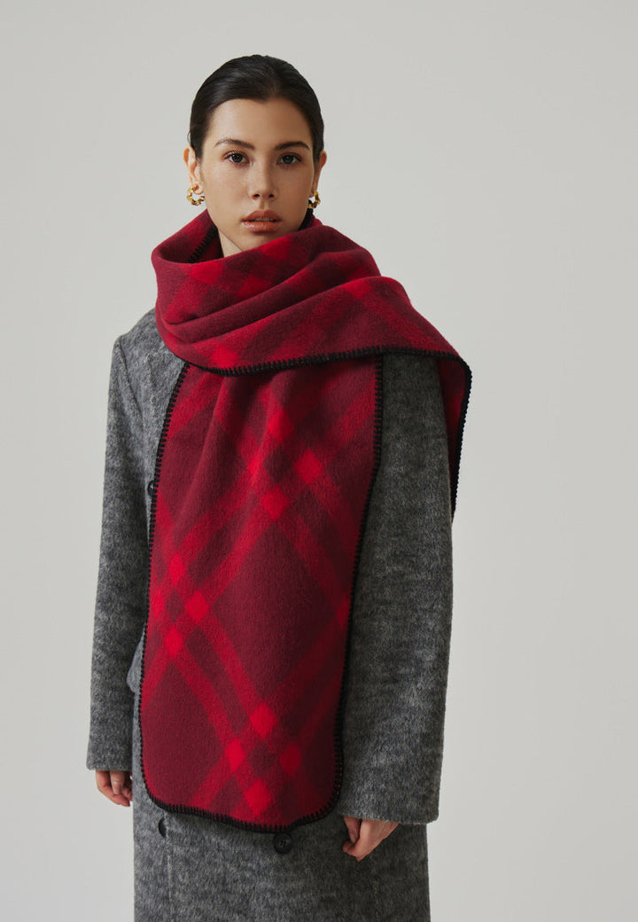 Women's Check Blanket-Stitch Scarf