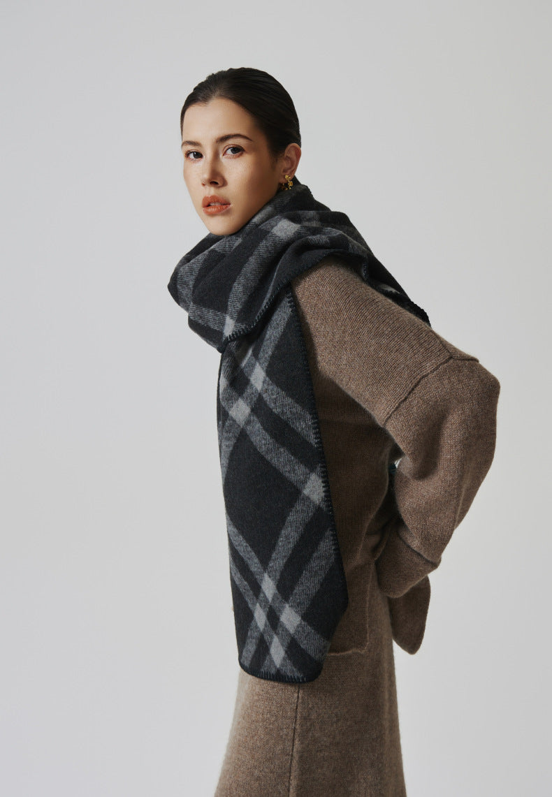 Women's Check Blanket-Stitch Scarf