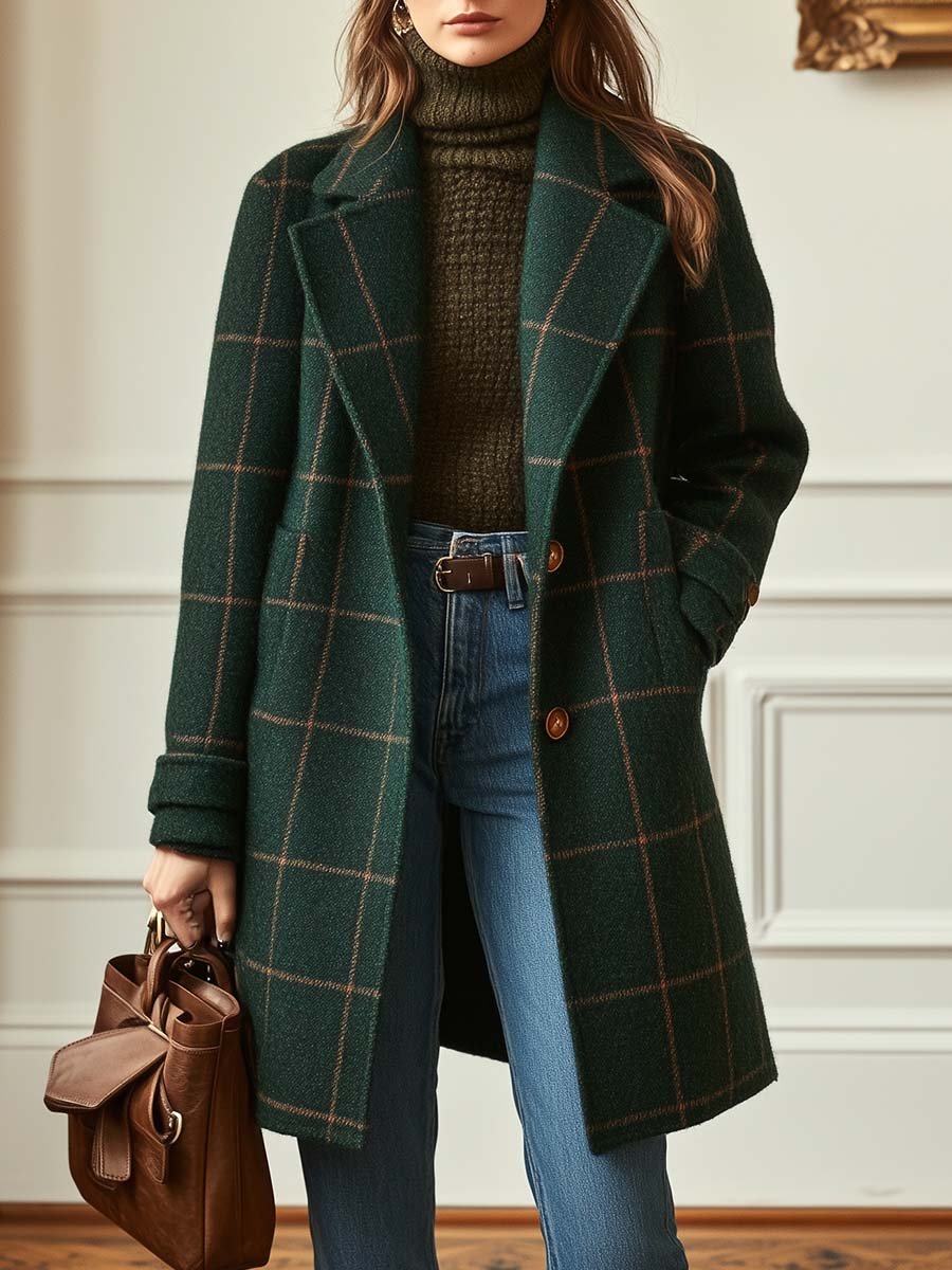 Women's Check Coat with Lapel Collar