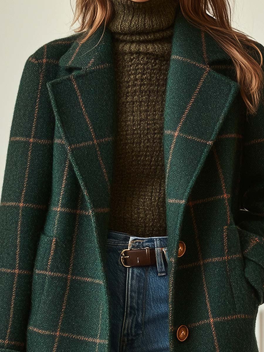Women's Check Coat with Lapel Collar