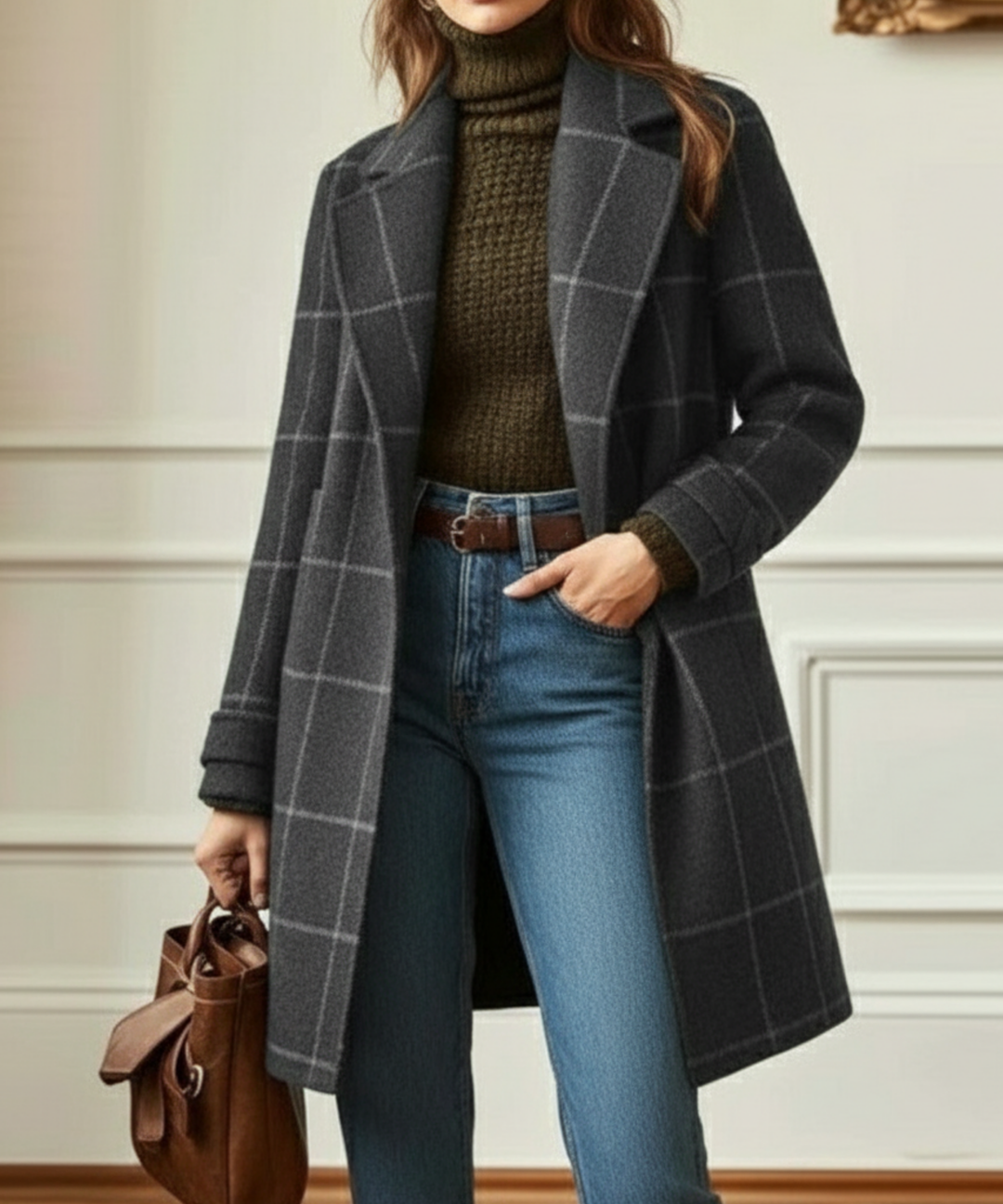 Women's Check Coat with Lapel Collar