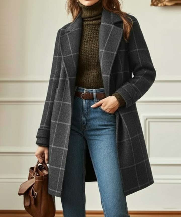 Women's Check Coat with Lapel Collar