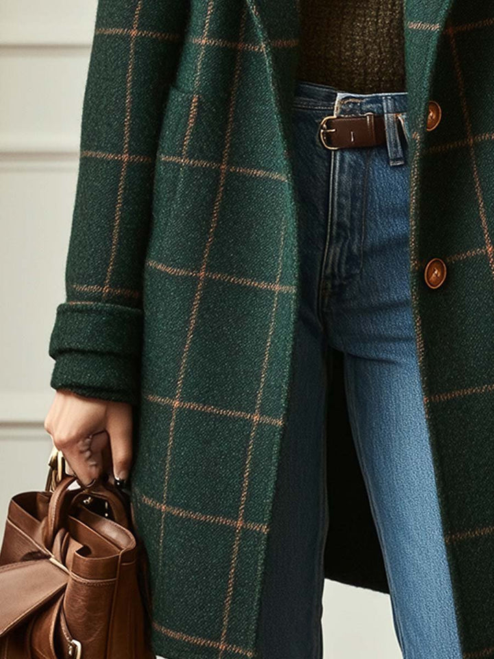 Women's Check Coat with Lapel Collar