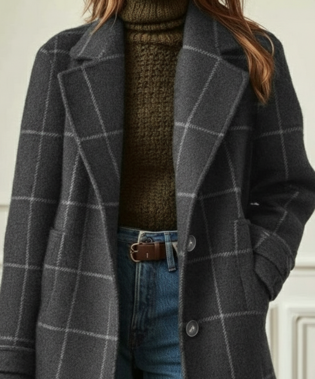 Women's Check Coat with Lapel Collar