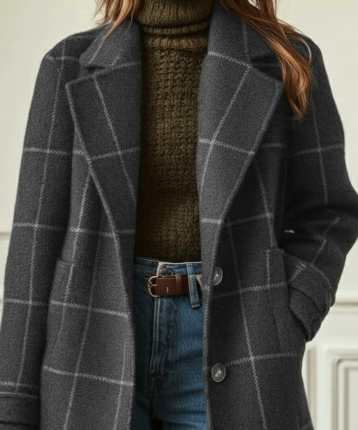 Women's Check Coat with Lapel Collar