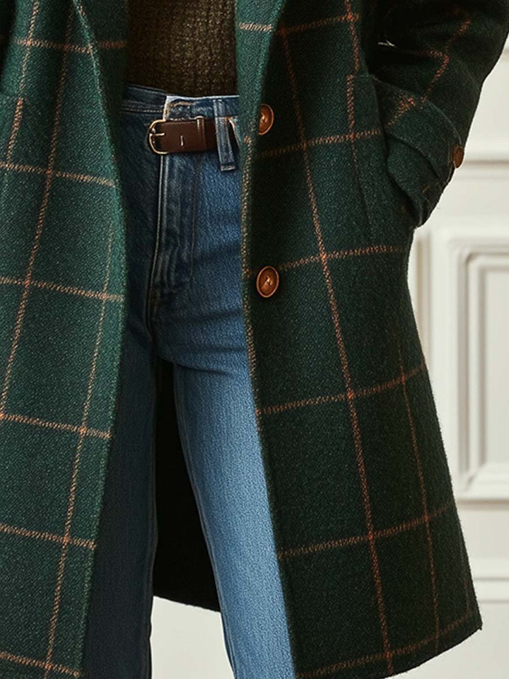 Women's Check Coat with Lapel Collar
