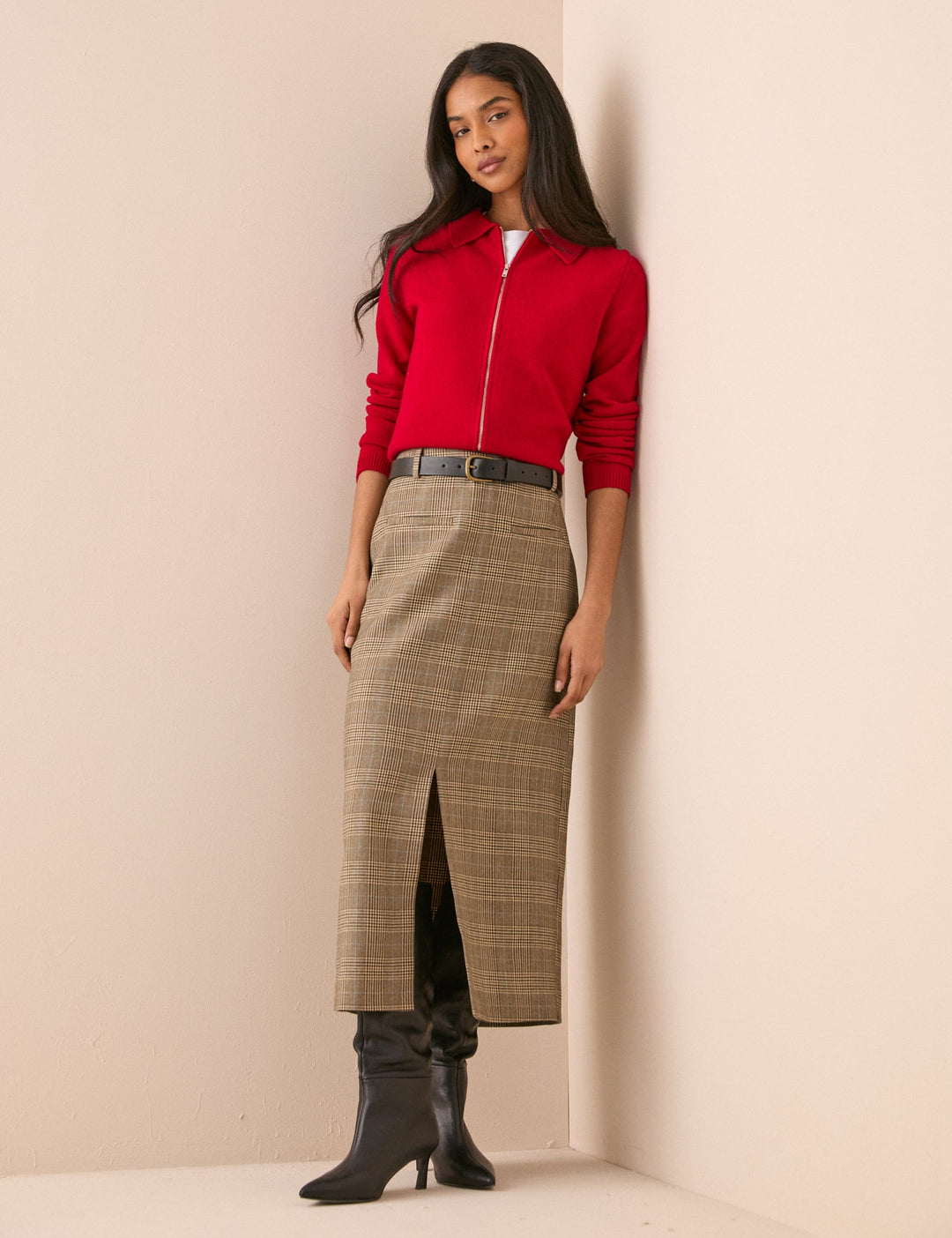 Women's Check Pencil Skirt With Front Slit
