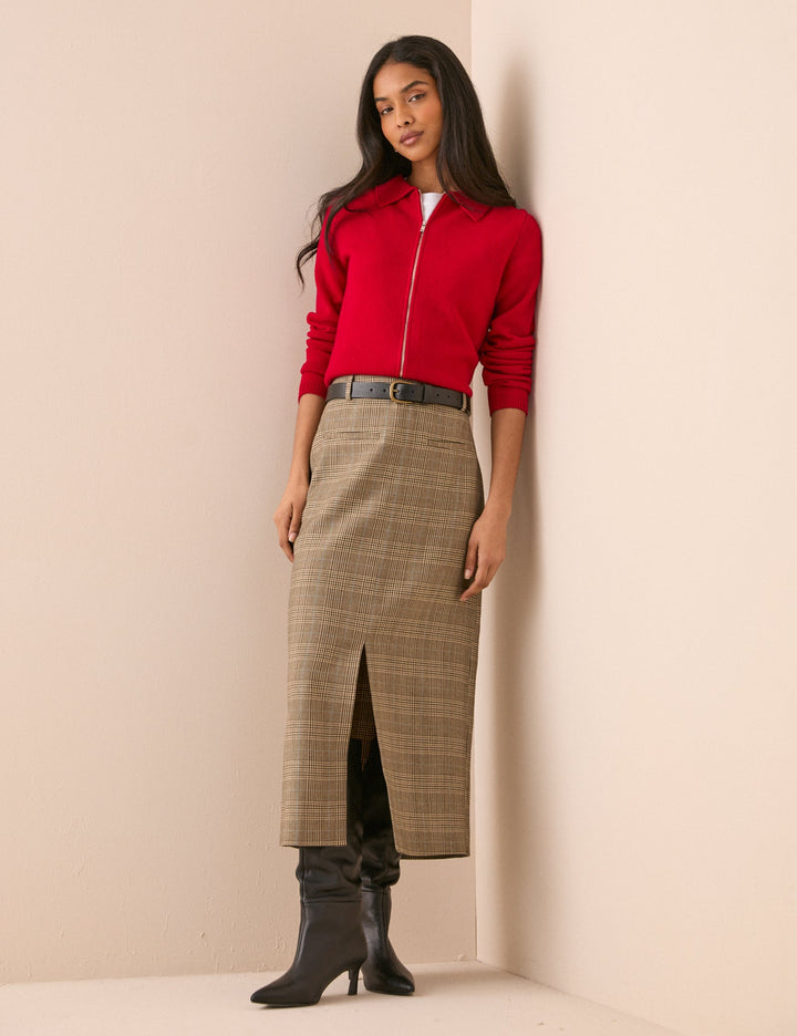 Women's Check Pencil Skirt With Front Slit