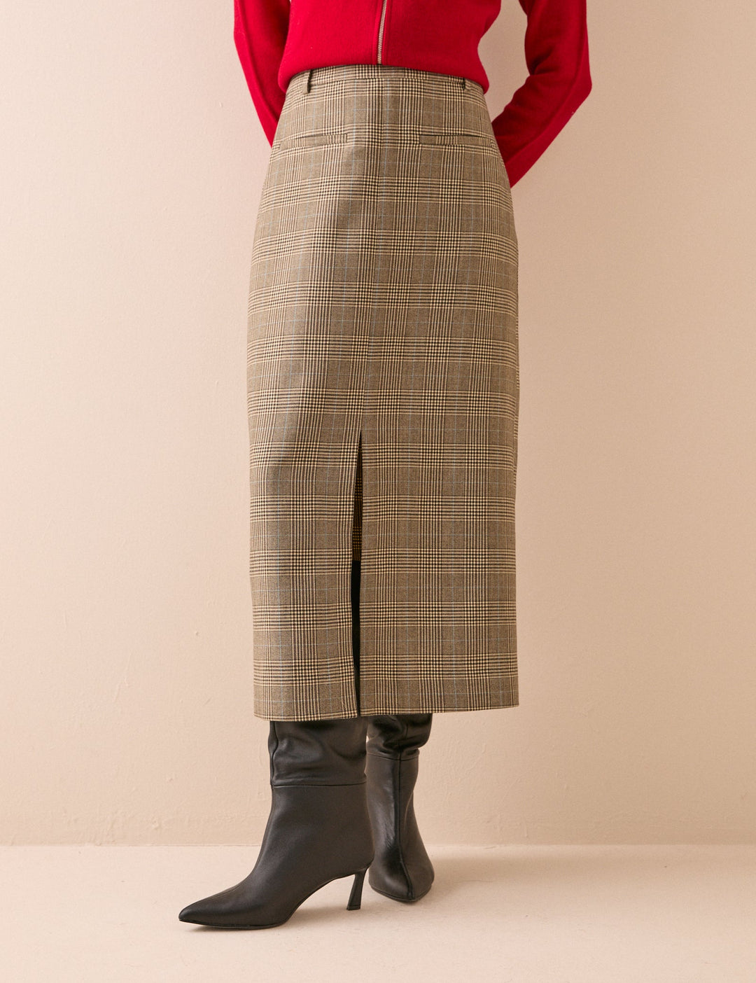 Women's Check Pencil Skirt With Front Slit