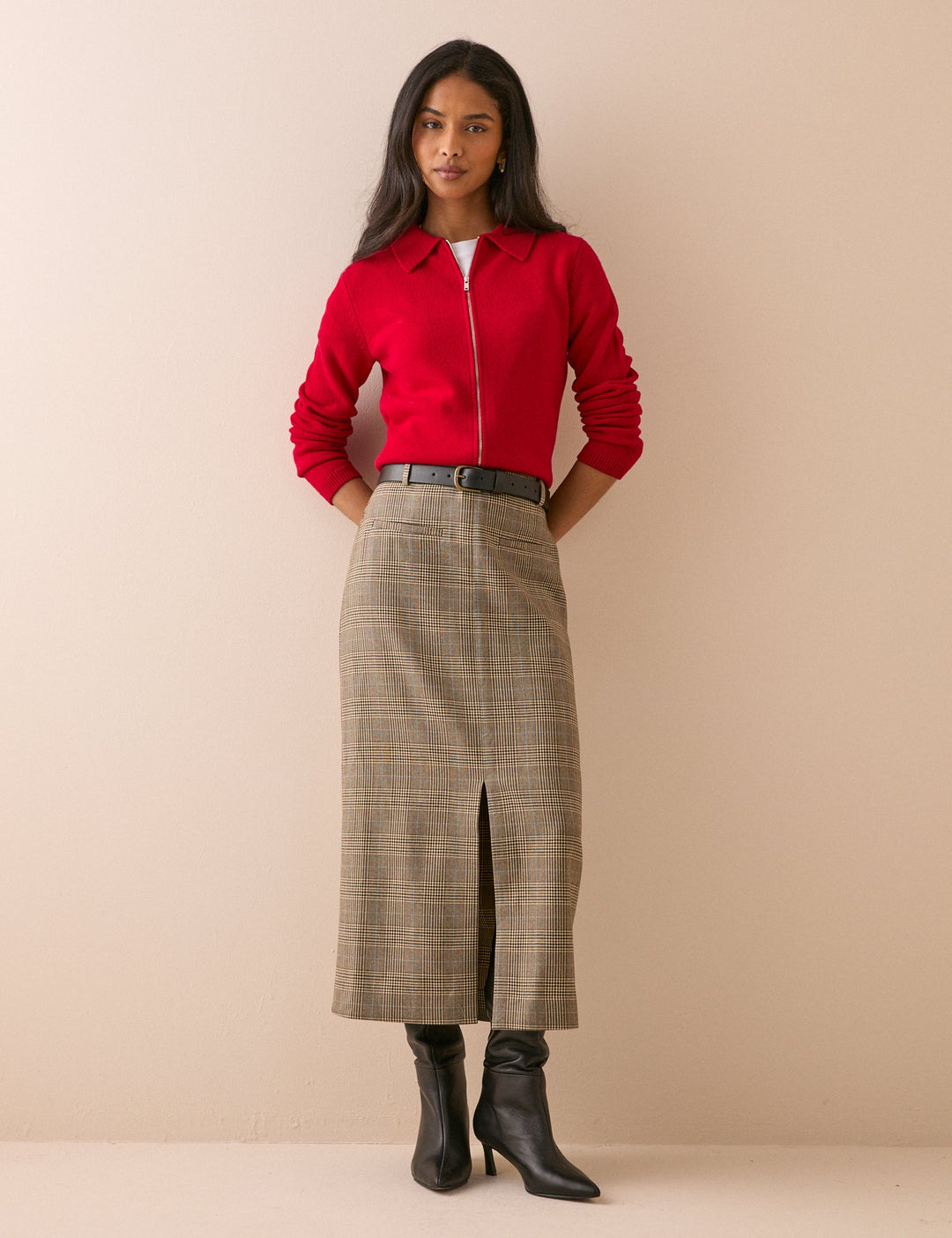 Women's Check Pencil Skirt With Front Slit