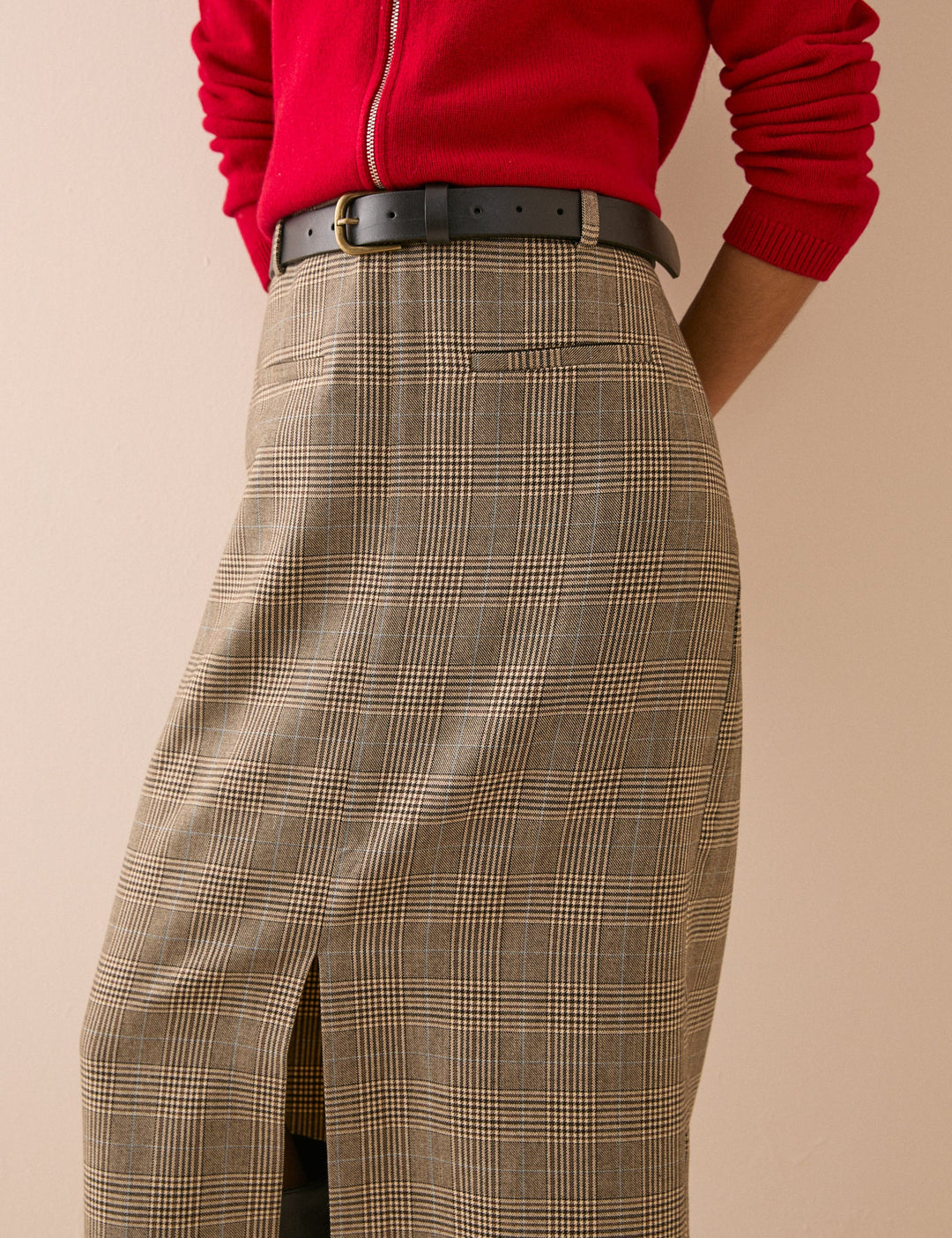 Women's Check Pencil Skirt With Front Slit