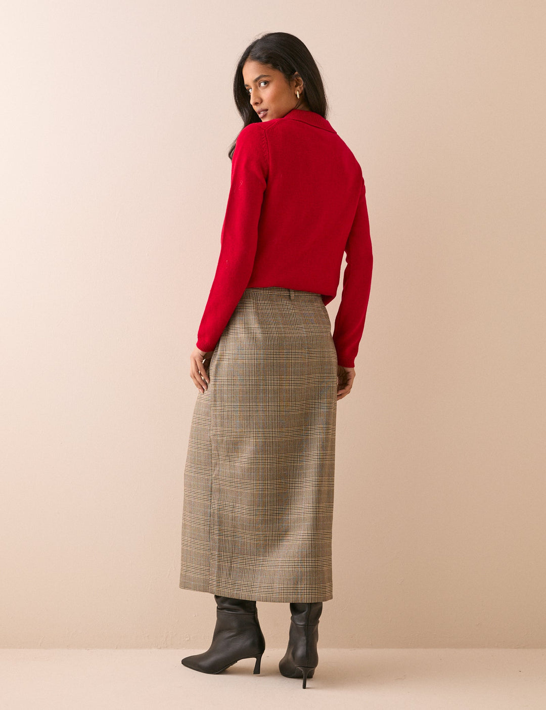 Women's Check Pencil Skirt With Front Slit