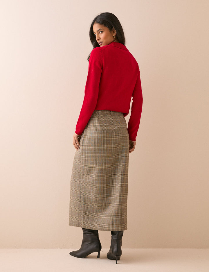 Women's Check Pencil Skirt With Front Slit