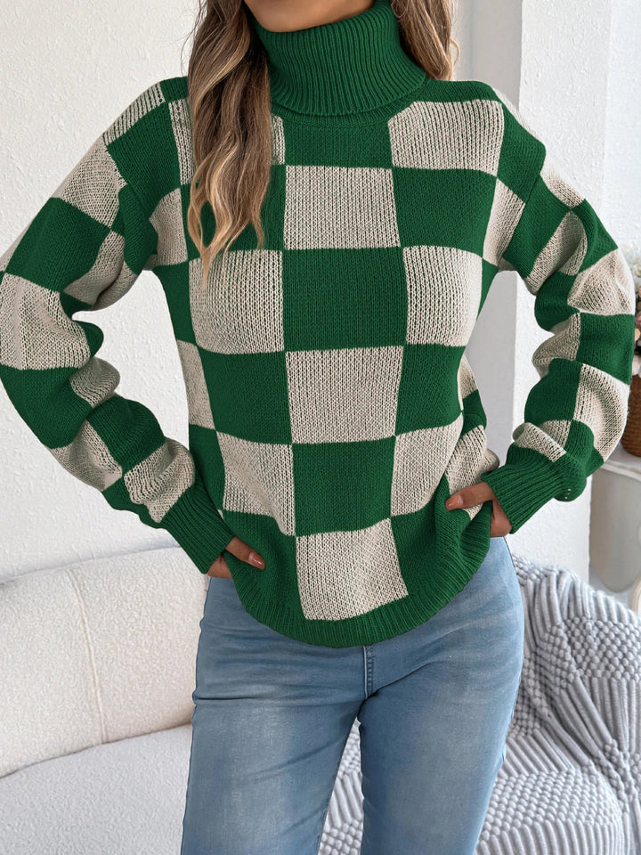Women's Checkered Turtleneck Knit Jumper
