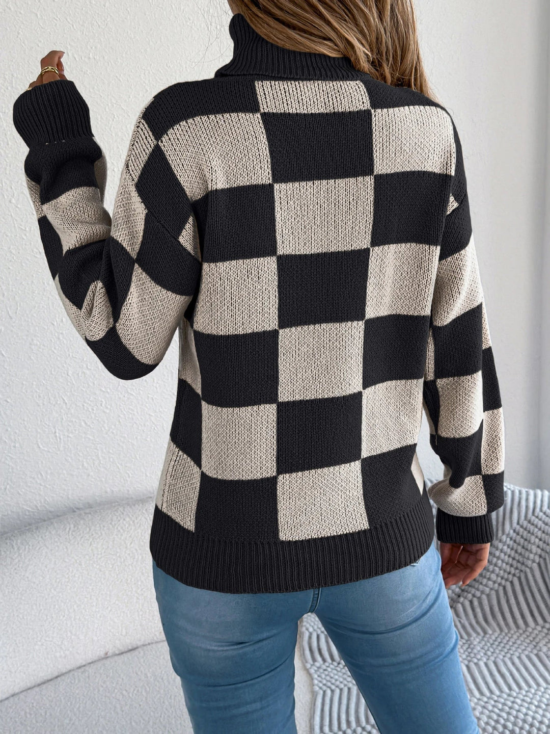 Women's Checkered Turtleneck Knit Jumper