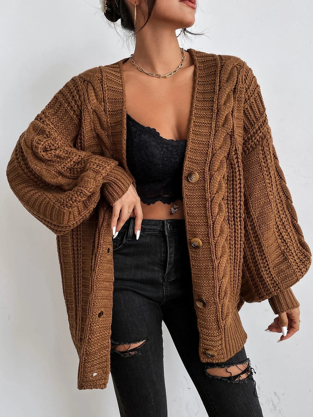 Women's Chunky Cable-Knit Button-Front Cardigan