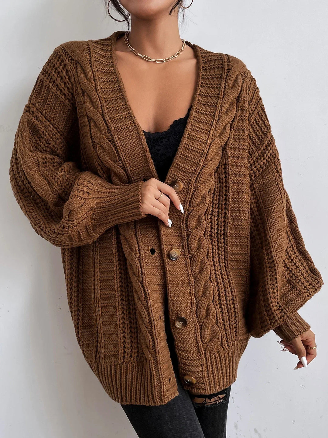 Women's Chunky Cable-Knit Button-Front Cardigan