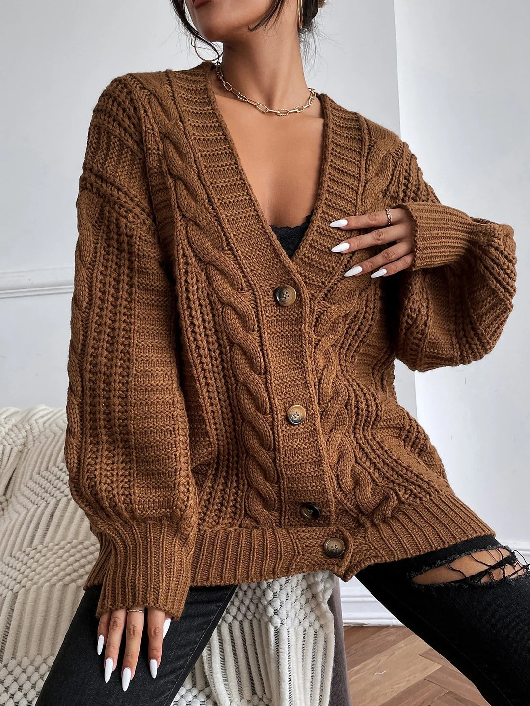 Women's Chunky Cable-Knit Button-Front Cardigan