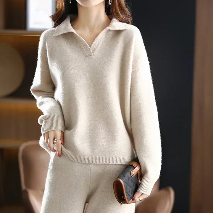 Women's Collared V-Neck Knit Sweater with Ribbed Cuffs