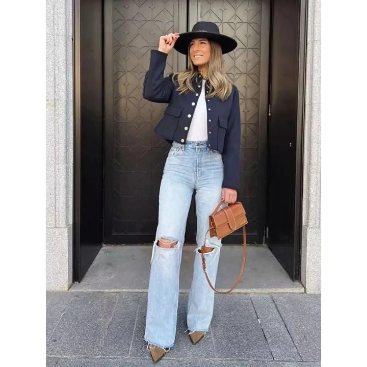 Women's Cropped Button-Up Bomber Jacket