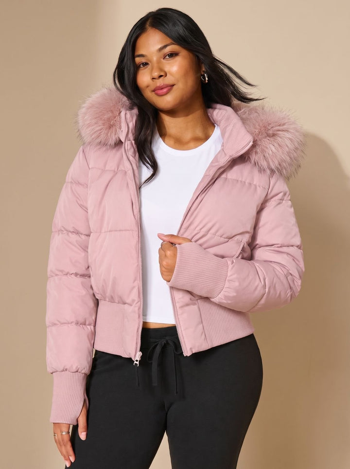 Women's Cropped Puffer Jacket with Faux Fur Hood