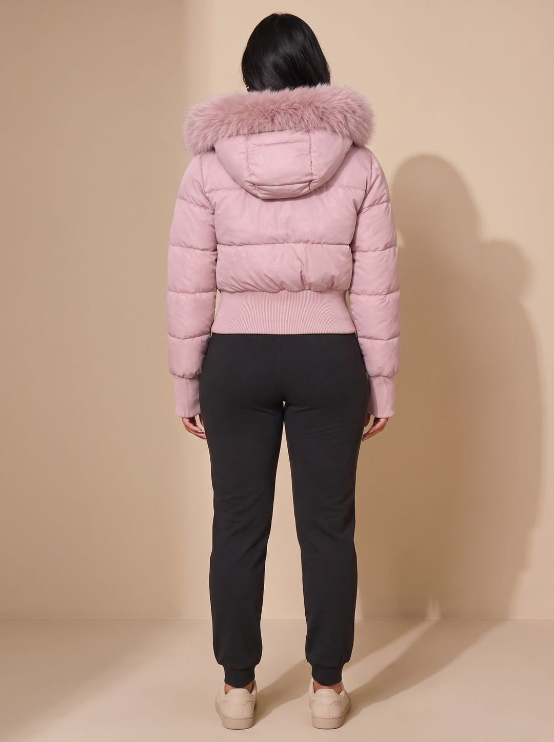 Women's Cropped Puffer Jacket with Faux Fur Hood