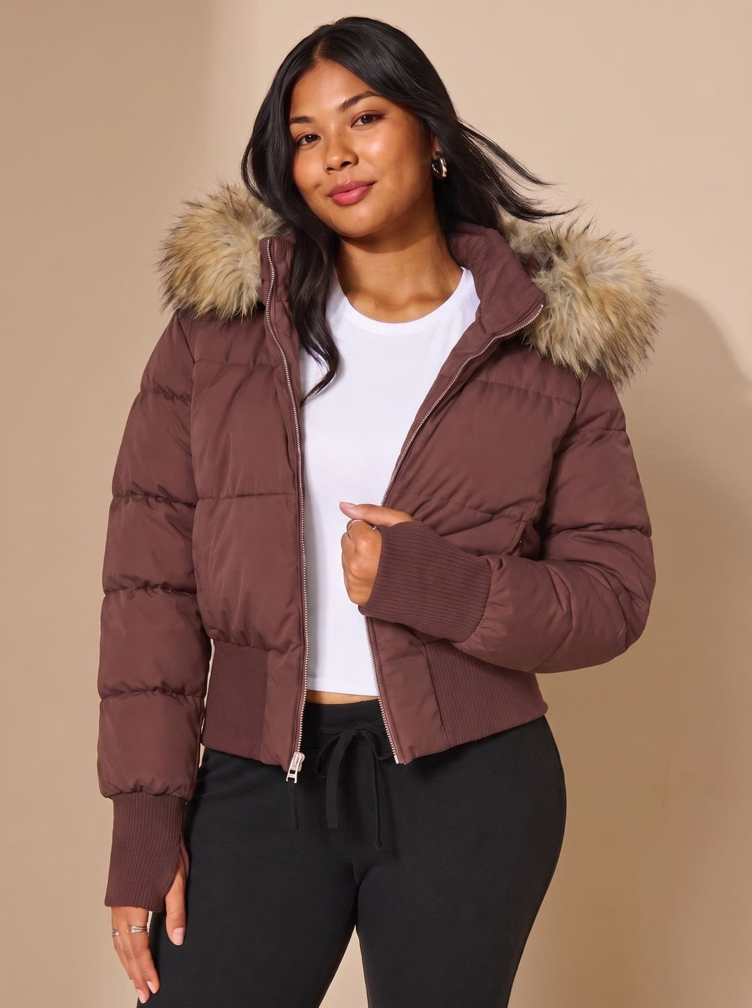 Women's Cropped Puffer Jacket with Faux Fur Hood