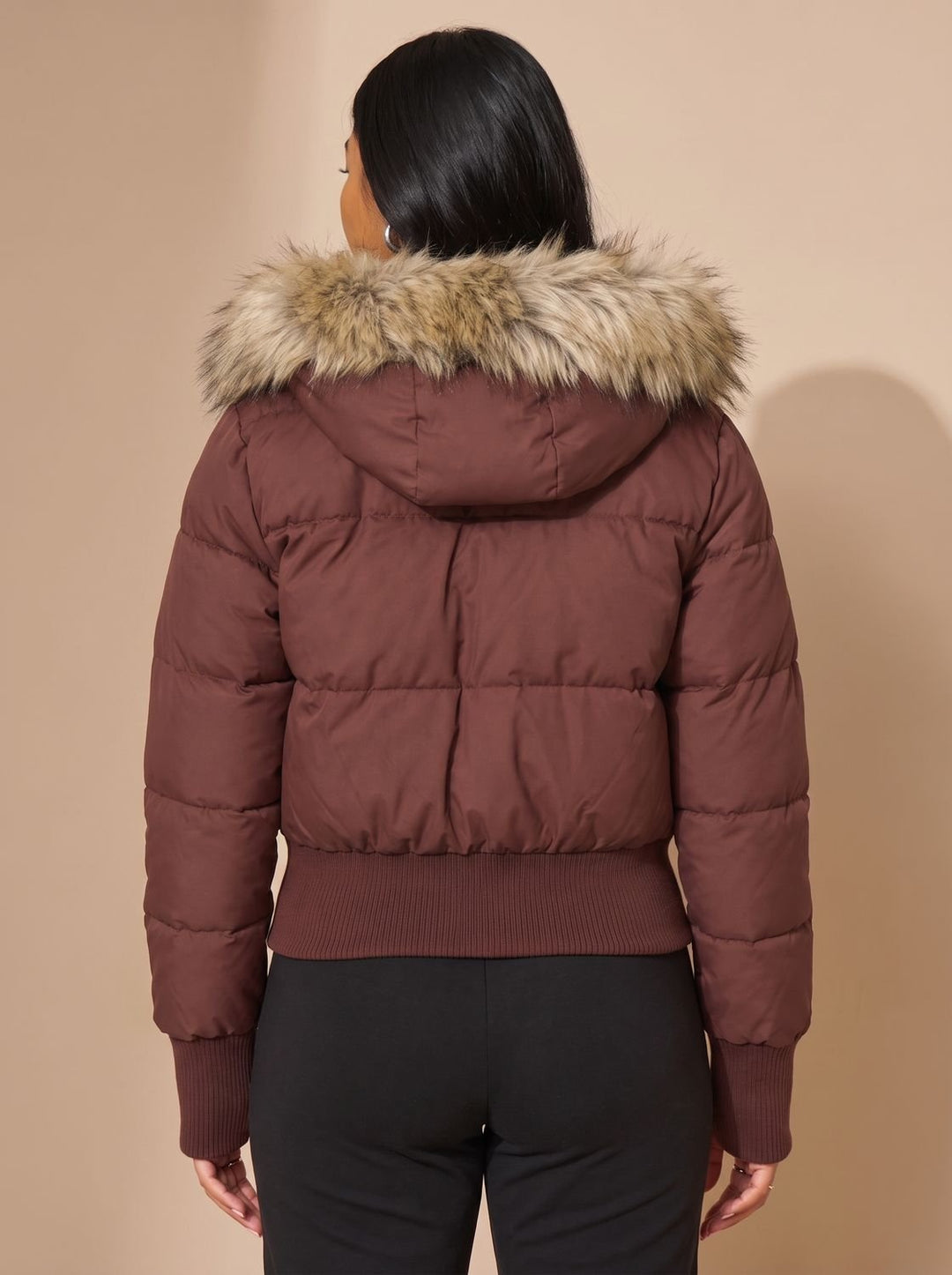 Women's Cropped Puffer Jacket with Faux Fur Hood