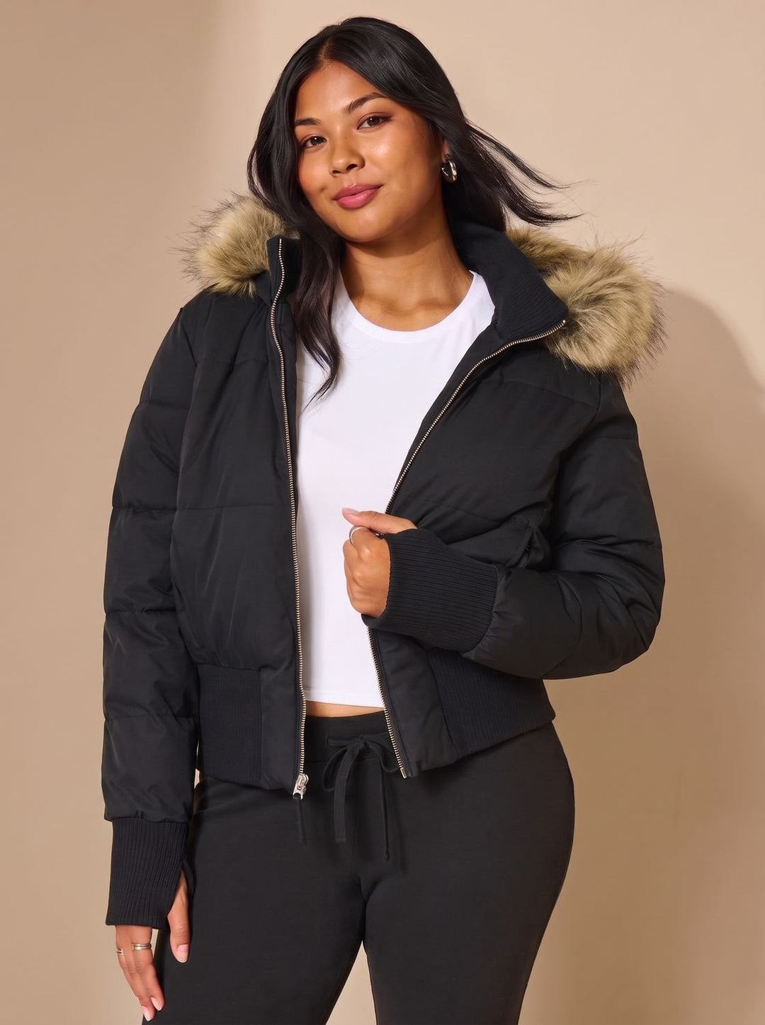 Women's Cropped Puffer Jacket with Faux Fur Hood