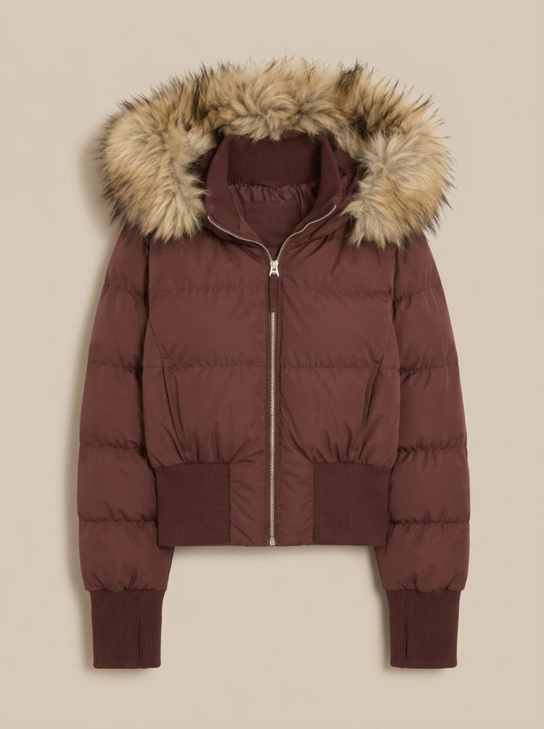 Women's Cropped Puffer Jacket with Faux Fur Hood