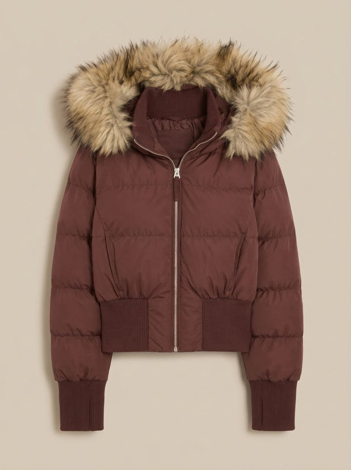 Women's Cropped Puffer Jacket with Faux Fur Hood