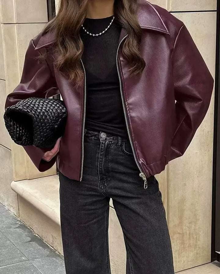Women's Cropped Zip-Front Leather-Look Jacket