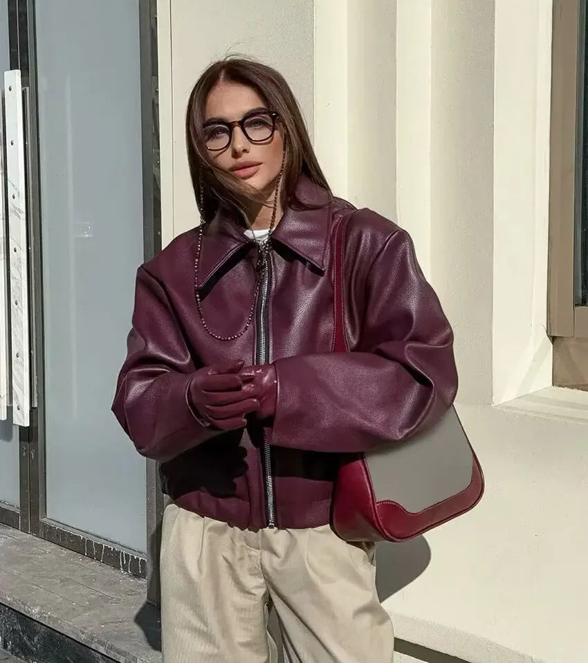 Women's Cropped Zip-Front Leather-Look Jacket