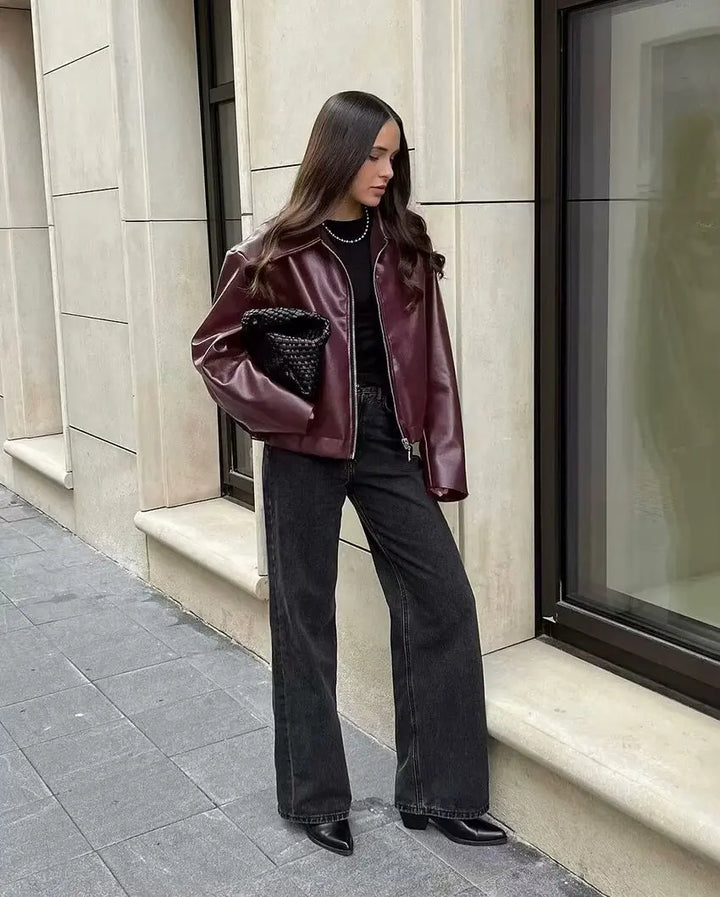 Women's Cropped Zip-Front Leather-Look Jacket