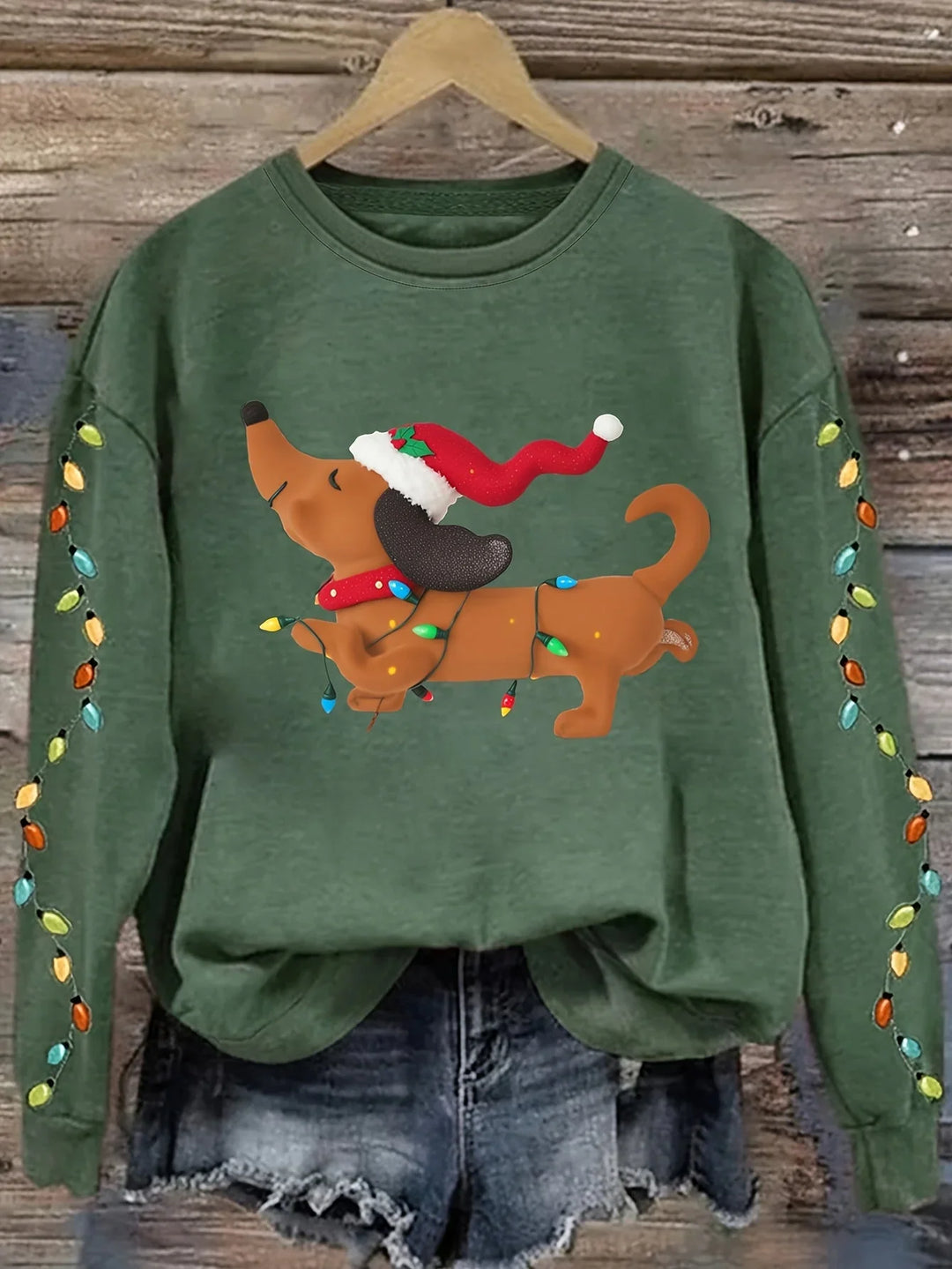 Women's Christmas Jumper Dachshund Santa Hat Fairy Lights