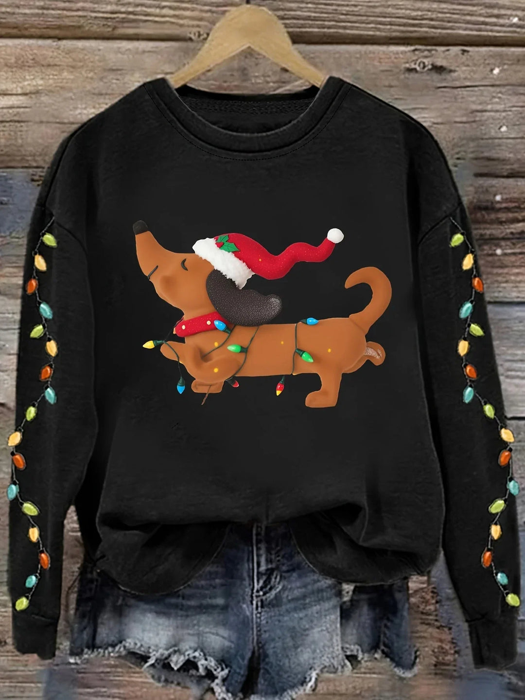 Women's Christmas Jumper Dachshund Santa Hat Fairy Lights