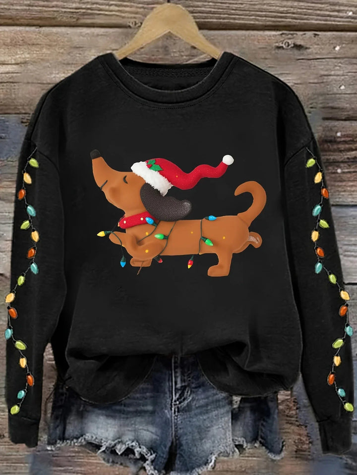 Women's Christmas Jumper Dachshund Santa Hat Fairy Lights