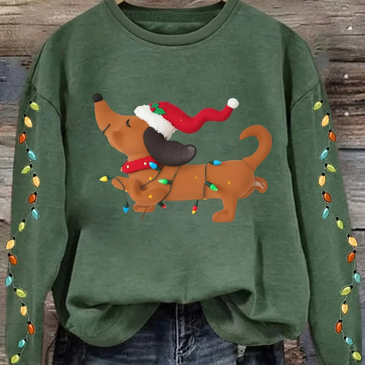 Women's Christmas Jumper Dachshund Santa Hat Fairy Lights