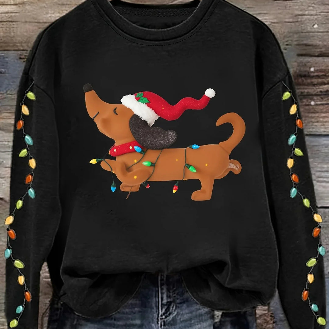 Women's Christmas Jumper Dachshund Santa Hat Fairy Lights