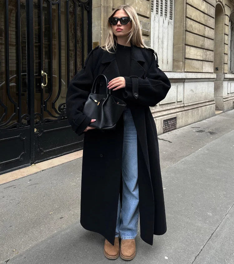 Women's Longline Belted Double-Breasted Trench Coat in Black