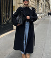 Women's Longline Belted Double-Breasted Trench Coat in Black